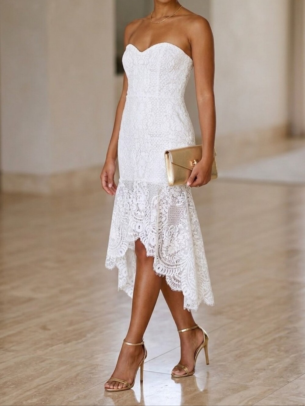 Shona Joy White Lace Strapless High-Low Midi Dress. Size US 8. High End Designer